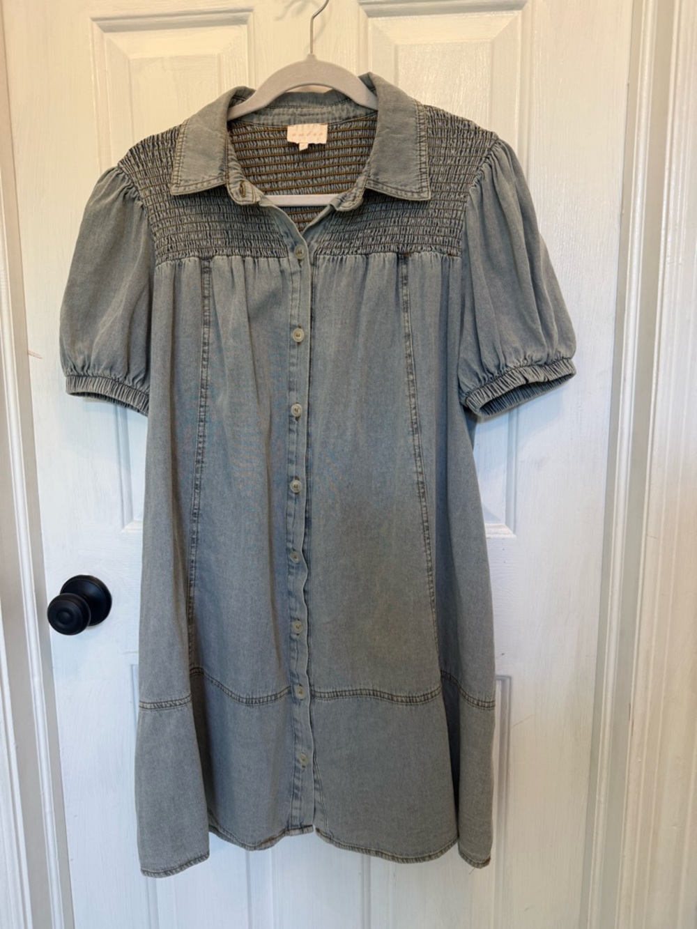 entro Light Blue Smocked Yoke Denim Mini Dress
